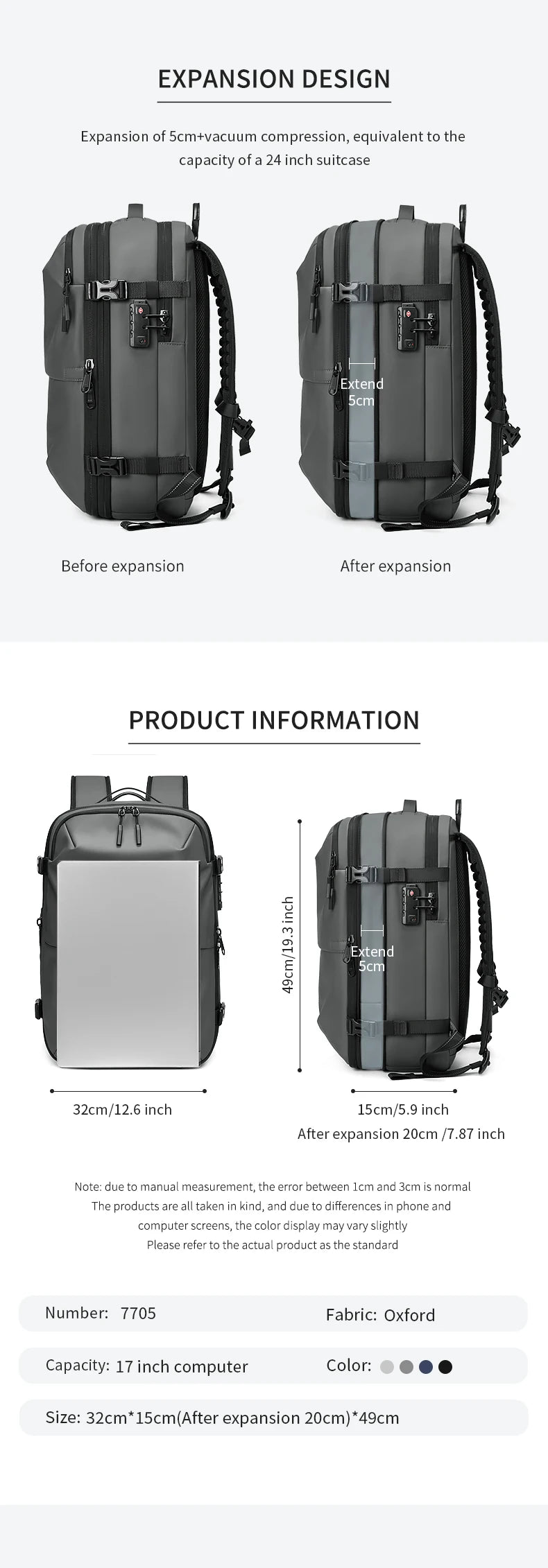 INFEYLAY 17" Vacuum Compression Travel Backpack